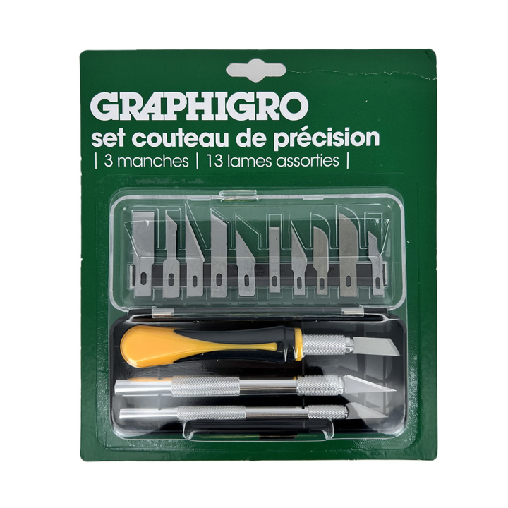 Set couteau de précision 3 manches + 13 lames assorties - Graphigro - Rougier et Plé
