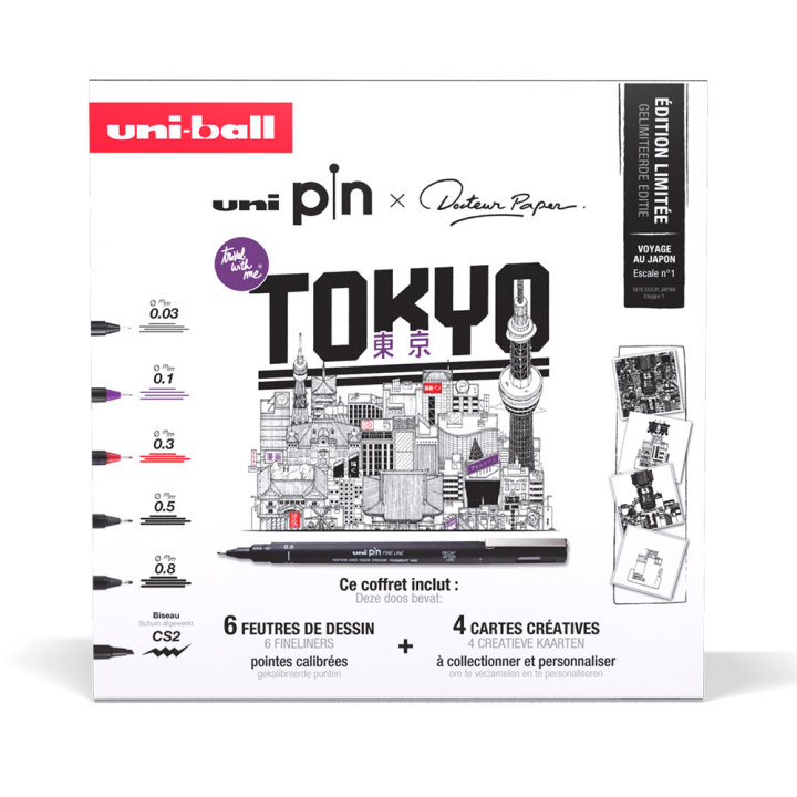 Coffret Uni Pin x Docteur Paper Tokyo 6 feutres + 4 cartes créatives - Uni - Rougier et Plé