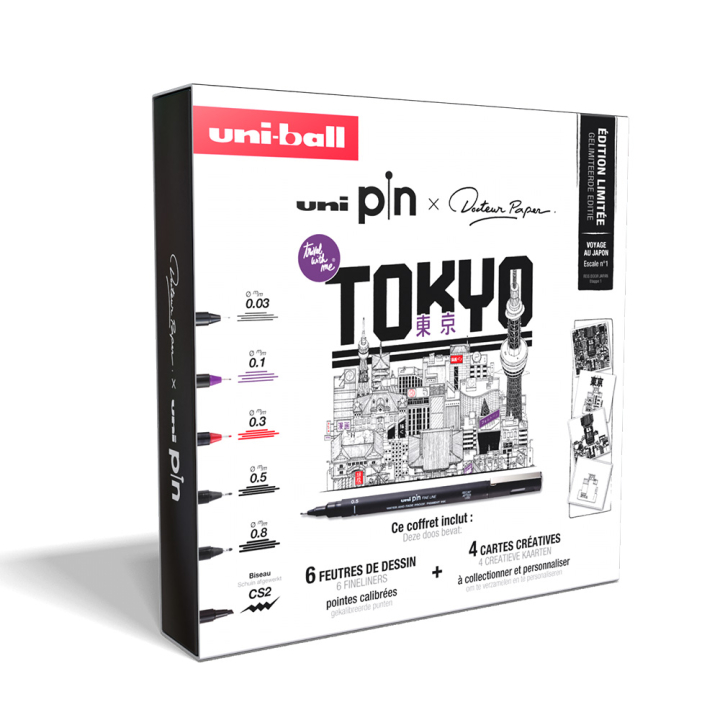 Coffret Uni Pin x Docteur Paper Tokyo 6 feutres + 4 cartes créatives - Uni - Rougier et Plé