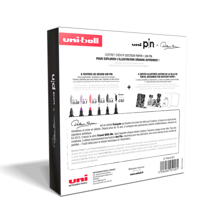 Coffret Uni Pin x Docteur Paper Tokyo 6 feutres + 4 cartes créatives - Uni - Rougier et Plé