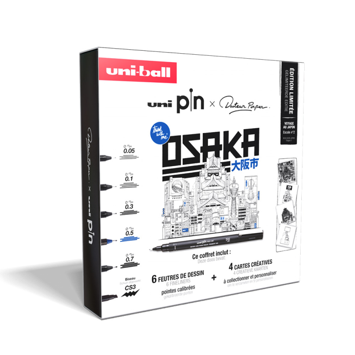 Coffret Uni Pin x Docteur Paper Osaka 6 feutres + 4 cartes créatives - Uni - Rougier et Plé