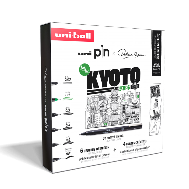 Coffret Uni Pin x Docteur Paper Kyoto 6 feutres + 4 cartes créatives - Uni - Rougier et Plé