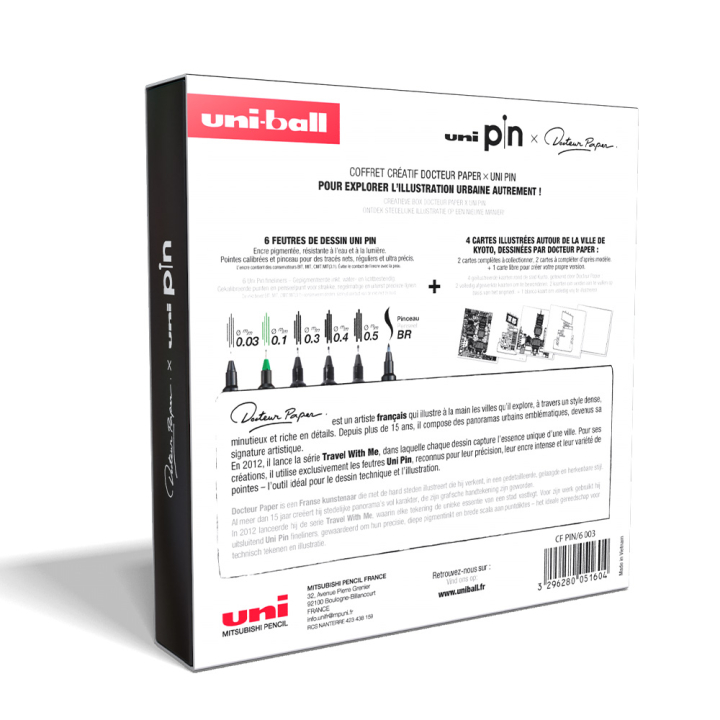 Coffret Uni Pin x Docteur Paper Kyoto 6 feutres + 4 cartes créatives - Uni - Rougier et Plé