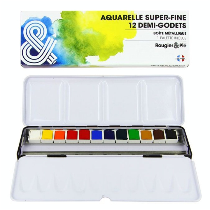 Aquarelle super-fine Boîte métal 12 demi-godets - Rougier&Plé - Rougier et Plé