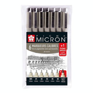 Feutres calibrés Pigma Micron x 6 + 1 feutre pinceau - Sakura - Rougier et Plé