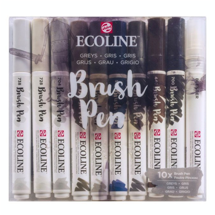 Feutre pinceau Brush Pen Set 9 gris + 1 blender - Ecoline - Rougier et Plé