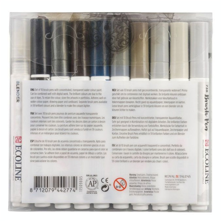Feutre pinceau Brush Pen Set 9 gris + 1 blender - Ecoline - Rougier et Plé