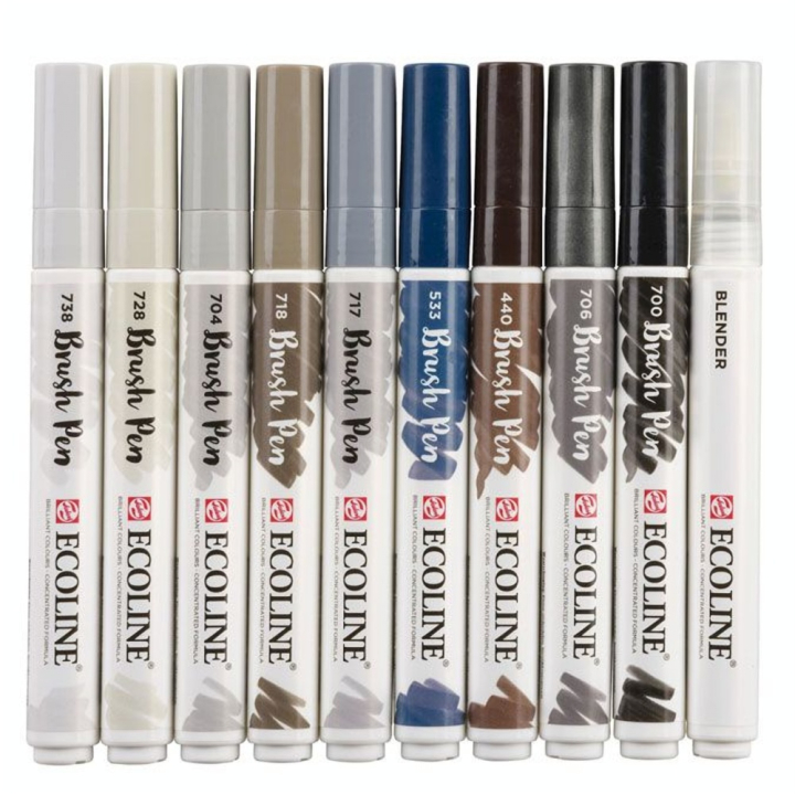 Feutre pinceau Brush Pen Set 9 gris + 1 blender - Ecoline - Rougier et Plé