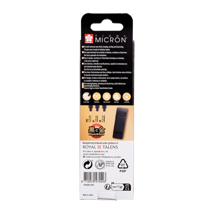 Feutres calibrés Pigma Micron Étui Black & Gold Édition 3 pcs - Sakura - Rougier et Plé
