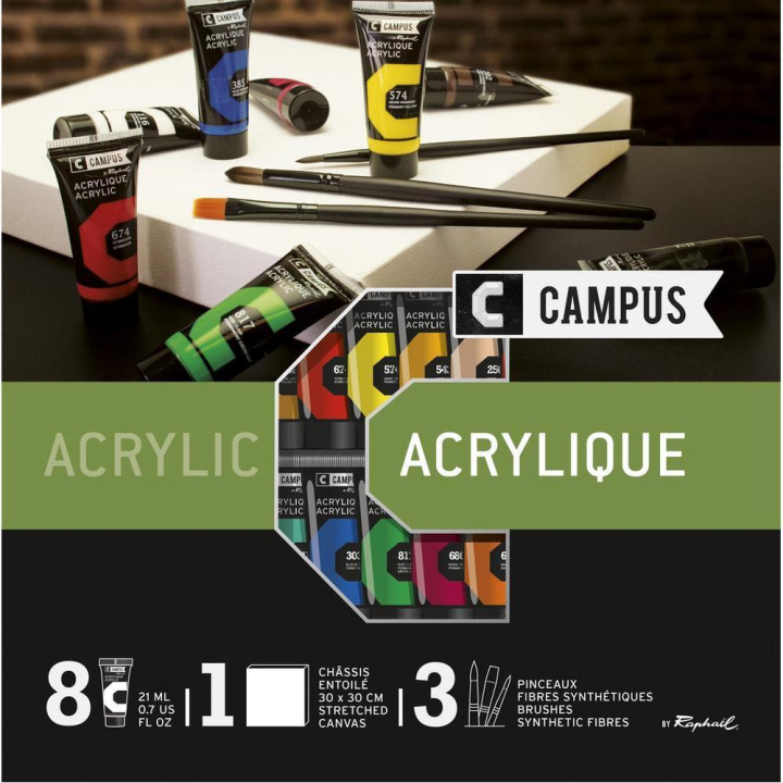 Kit Acrylique Campus 8 x 21 ml + châssis entoilé + 3 pinceaux - Raphaël - Rougier et Plé