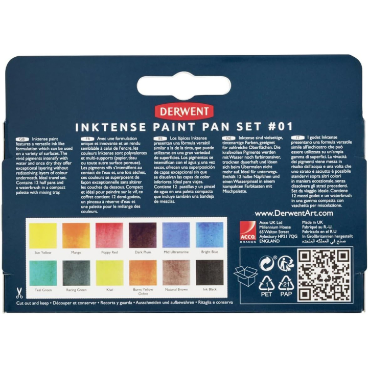 Encre aquarellable Inktense 12 demi-godets - Derwent - Rougier et Plé