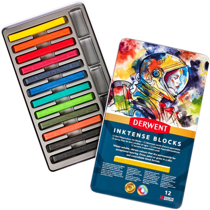 Carré d'encre aquarellable Inktense Block Boîte métal 12 pcs - Derwent - Rougier et Plé