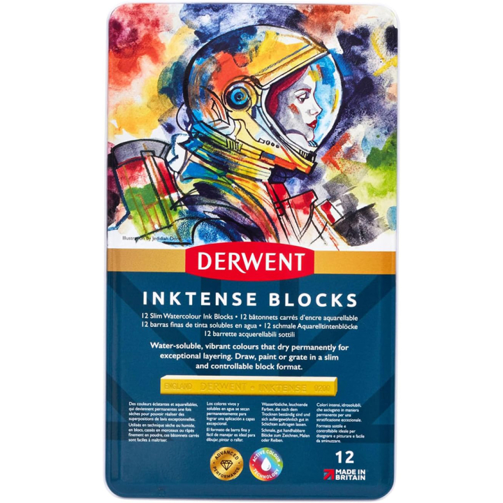 Carré d'encre aquarellable Inktense Block Boîte métal 12 pcs - Derwent - Rougier et Plé