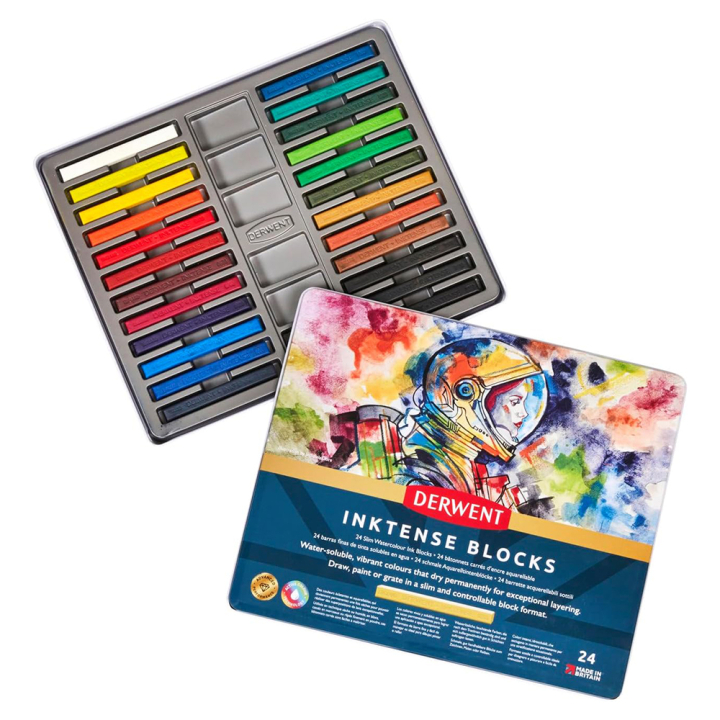 Carré d'encre aquarellable Inktense Block Boîte métal 24 pcs - Derwent - Rougier et Plé