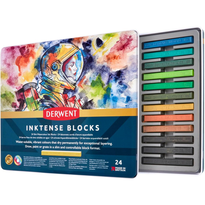 Carré d'encre aquarellable Inktense Block Boîte métal 24 pcs - Derwent - Rougier et Plé