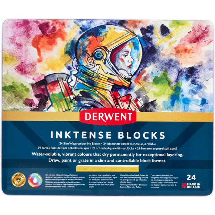 Carré d'encre aquarellable Inktense Block Boîte métal 24 pcs - Derwent - Rougier et Plé