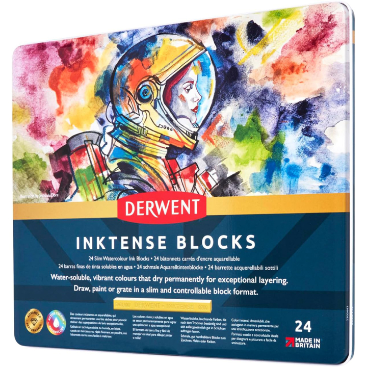 Carré d'encre aquarellable Inktense Block Boîte métal 24 pcs - Derwent - Rougier et Plé