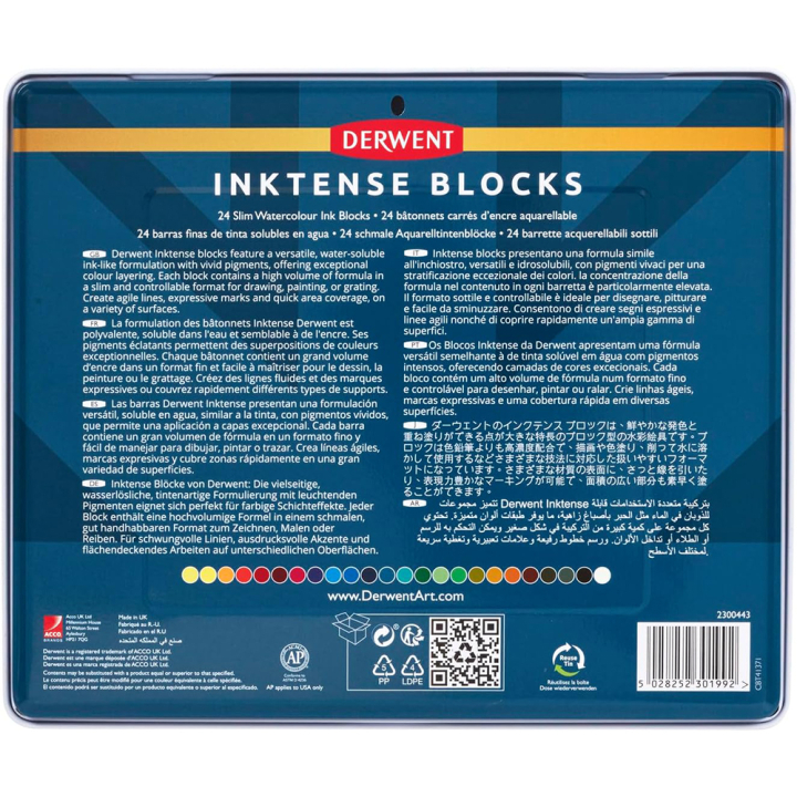 Carré d'encre aquarellable Inktense Block Boîte métal 24 pcs - Derwent - Rougier et Plé