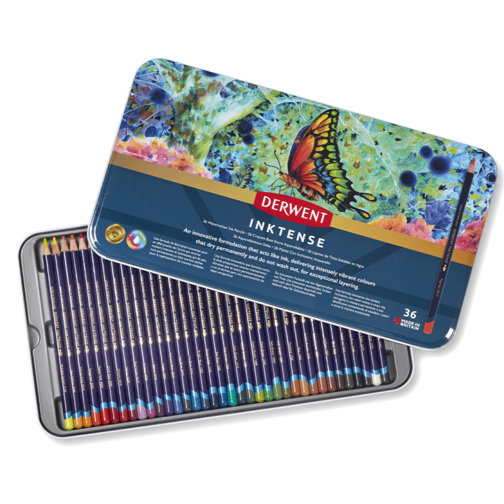 Crayon d'encre aquarellable Inktense Boîte métal 36 pcs - Derwent - Rougier et Plé