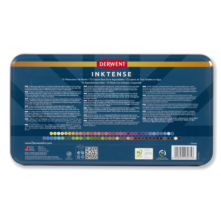 Crayon d'encre aquarellable Inktense Boîte métal 72 pcs - Derwent - Rougier et Plé