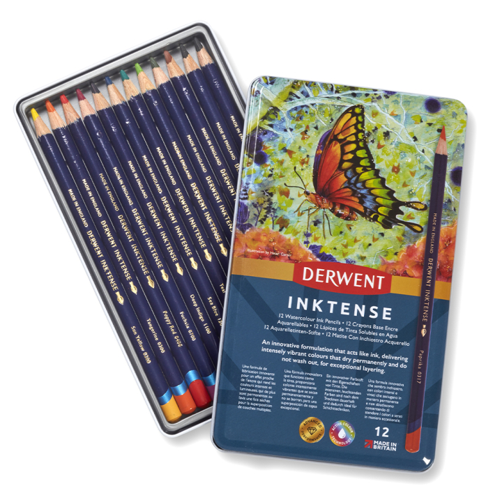 Crayon d'encre aquarellable Inktense Boîte métal 12 pcs - Derwent - Rougier et Plé