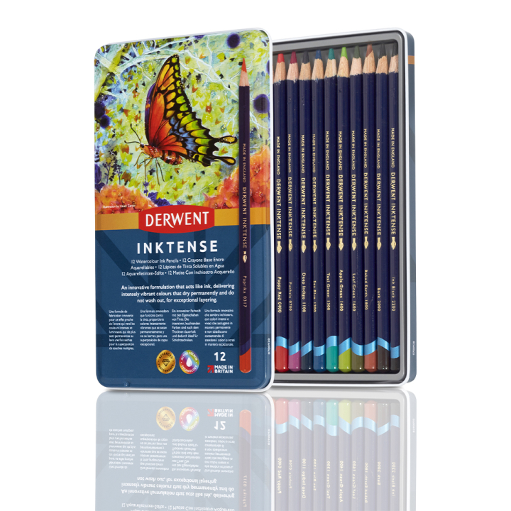 Crayon d'encre aquarellable Inktense Boîte métal 12 pcs - Derwent - Rougier et Plé