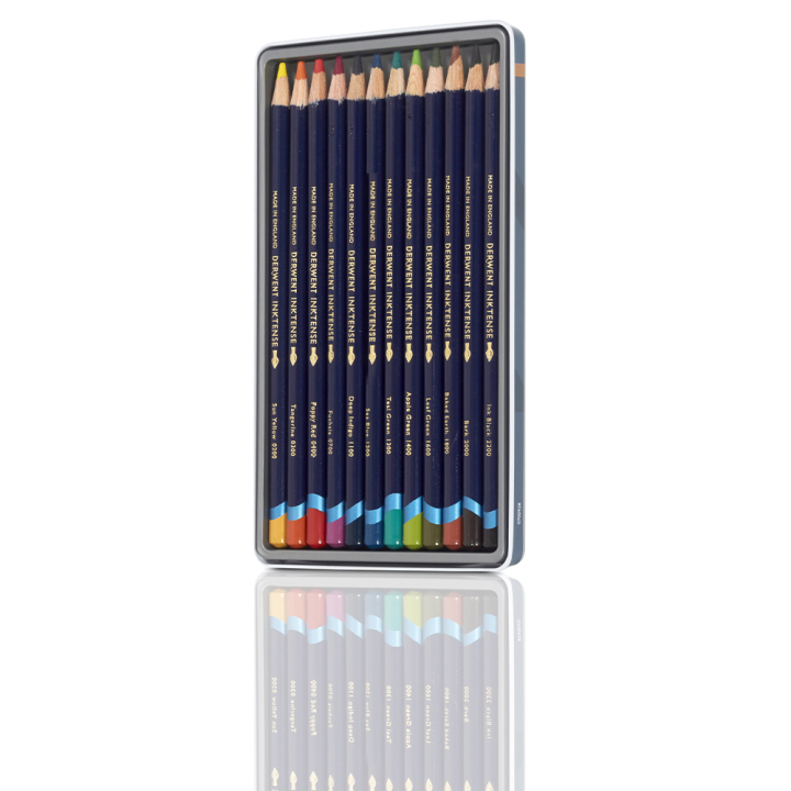 Crayon d'encre aquarellable Inktense Boîte métal 12 pcs - Derwent - Rougier et Plé