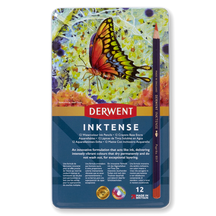 Crayon d'encre aquarellable Inktense Boîte métal 12 pcs - Derwent - Rougier et Plé