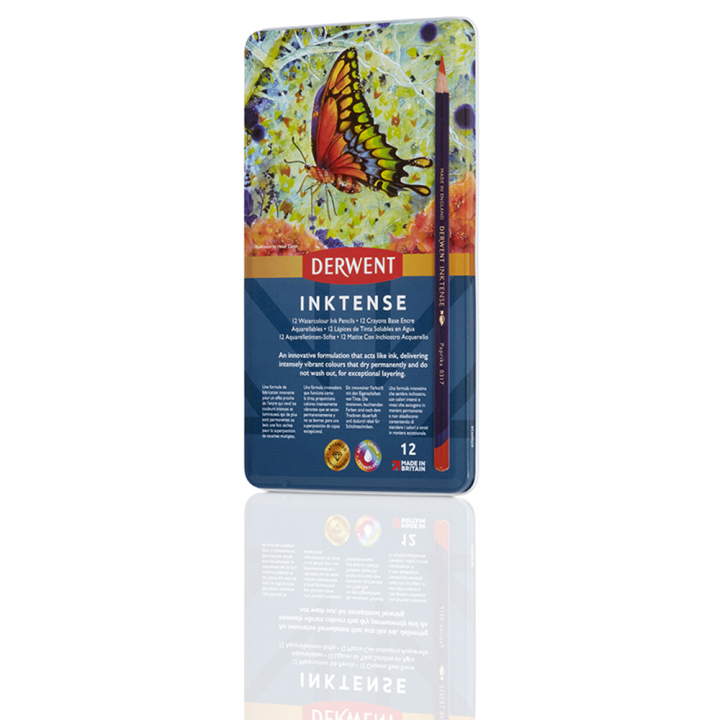 Crayon d'encre aquarellable Inktense Boîte métal 12 pcs - Derwent - Rougier et Plé