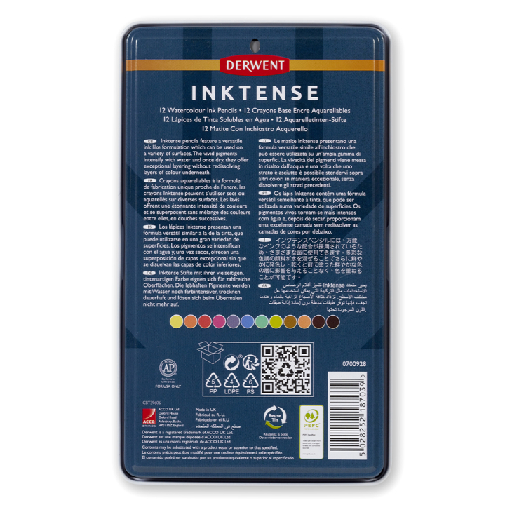 Crayon d'encre aquarellable Inktense Boîte métal 12 pcs - Derwent - Rougier et Plé