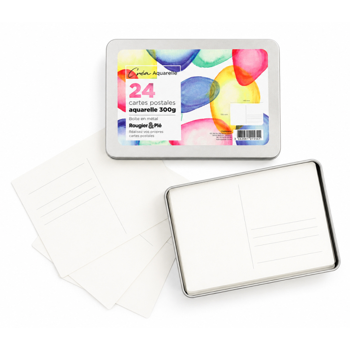 Cartes postales aquarelle 300 g 24 pcs + Boîte métal - Rougier&Plé - Rougier et Plé