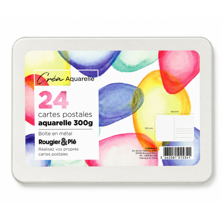 Cartes postales aquarelle 300 g 24 pcs + Boîte métal - Rougier&Plé - Rougier et Plé