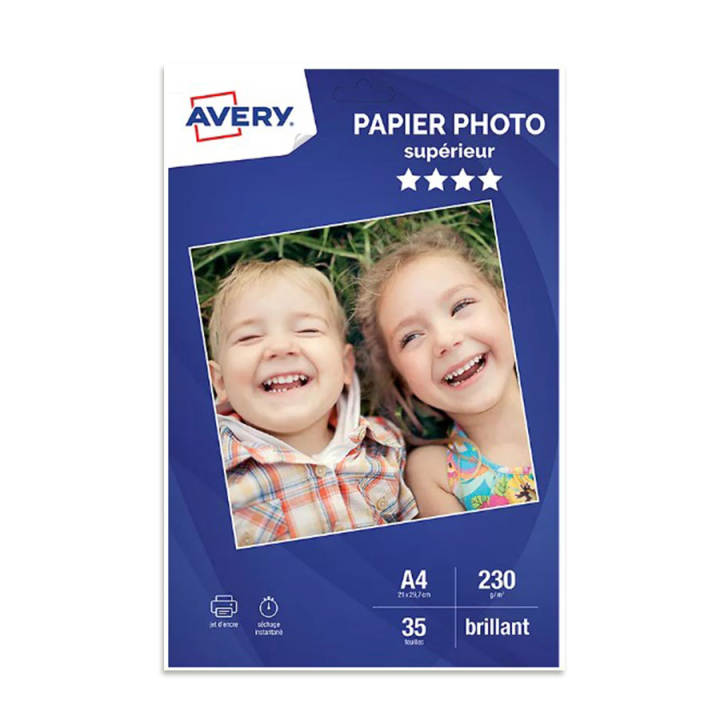 Papier Photo Supérieur Jet d'encre A4 Blanc brillant 230 g/m² 35 feuilles - Avery - Rougier et Plé