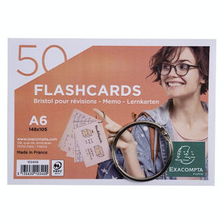 Paquet de 50 Flashcards sous film + anneau Bristol ligné perforé A6 - Exacompta - Rougier et Plé
