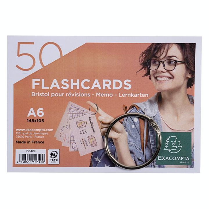 Paquet de 50 Flashcards sous film + anneau Bristol ligné perforé A6 - Exacompta - Rougier et Plé