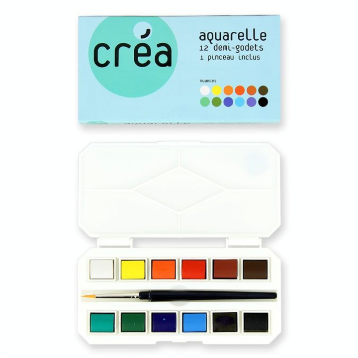Aquarelle boîte de 12 demi-godets + pinceau - Créa - Rougier et Plé