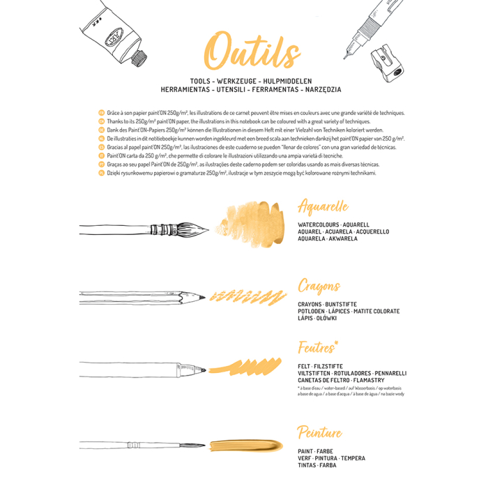 Bloc de coloriage multi-techniques Odelia Les animaux 20 feuilles A4 250 g/m² - Clairefontaine - Rougier et Plé