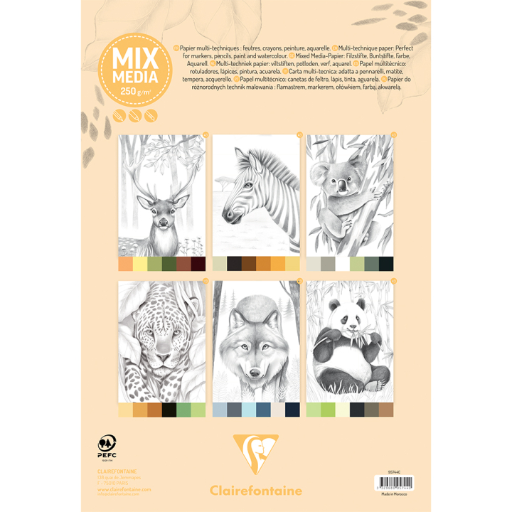Bloc de coloriage multi-techniques Odelia Les animaux 20 feuilles A4 250 g/m² - Clairefontaine - Rougier et Plé