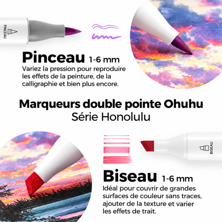 Feutre à alcool Honolulu double pointe pinceau et biseau 105 pcs - Ohuhu - Rougier et Plé
