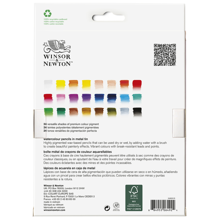 Crayon de couleur Studio Aquarellable Boîte métal de 24 - Winsor & Newton - Rougier et Plé