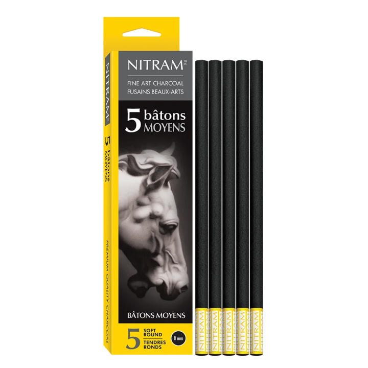 Fusain Bâton moyen et rond tendre 8 mm 5 pcs - Nitram - Rougier et Plé