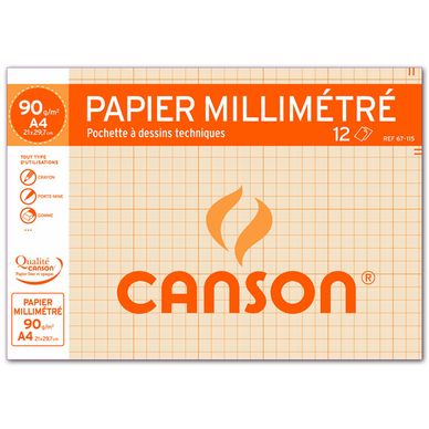 Papier millimétré Canson 90g pochette de 12 feuilles A4 bistre