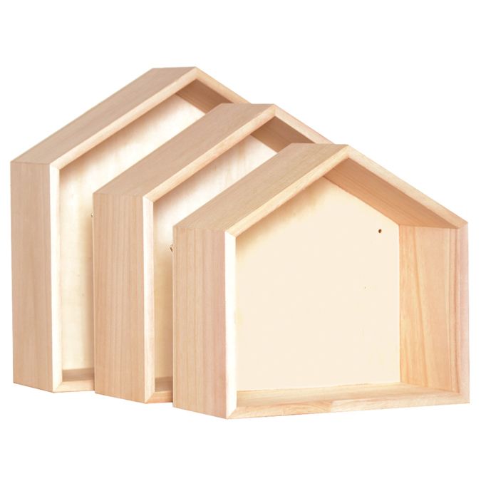 Etagères en bois forme de maison par 3