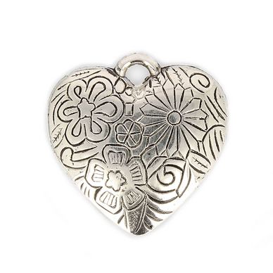 Pendentif en métall cœur fleuri avec anneau argent - 34 mm