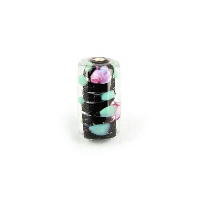 Perle en verre cylindrique trou centre fleuri noir - 10 x 16 mm