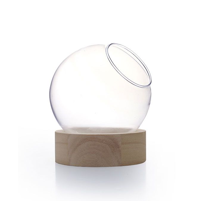 Vase globe sur socle en bois Ø 20 cm