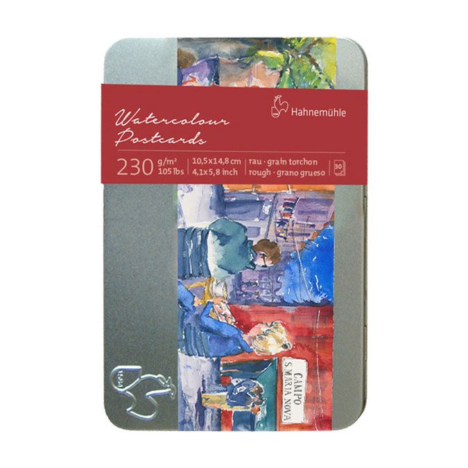Carte postal aquarelle grain torchon 10,5 x 14,8 cm x 30 Boîte métal