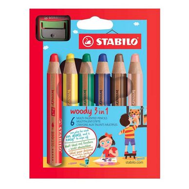 Crayon de couleur STABILO woody 3 in 1 Étui 6 couleurs + taille-crayons