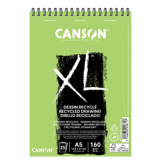 Canson XL Recycled grain fin 160g/m², bloc spiralé petit côté 14,8 x 21cm