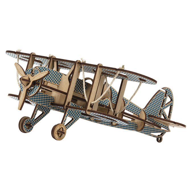 Maquette Avion Biplan en bois 32 x 28.5 cm Bleu